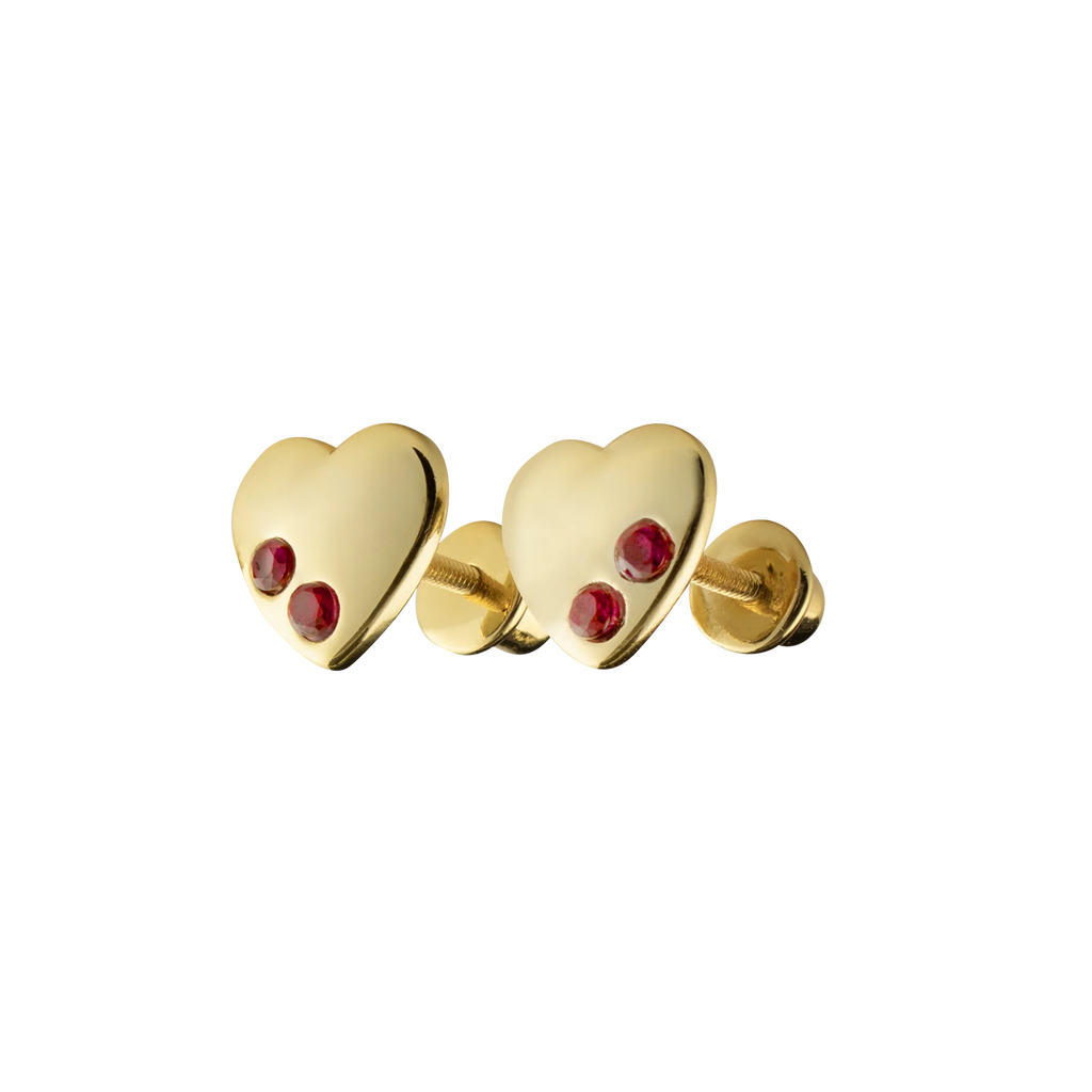 Picky Baby Gold Heart Earrings with Red Stones