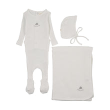 Load image into Gallery viewer, Mema Knits Embroidered Textured Layette Set - Winter White/Mink Embroidery