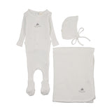 Mema Knits Embroidered Textured Layette Set - Winter White/Mink Embroidery