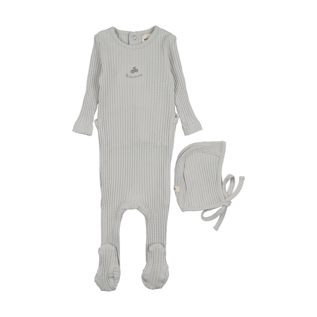 Mema Knits Embroidered Textured Footie And Bonnet - Gray Dawn/Blue Embroidery