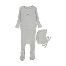 Load image into Gallery viewer, Mema Knits Embroidered Textured Footie And Bonnet - Gray Dawn/Blue Embroidery