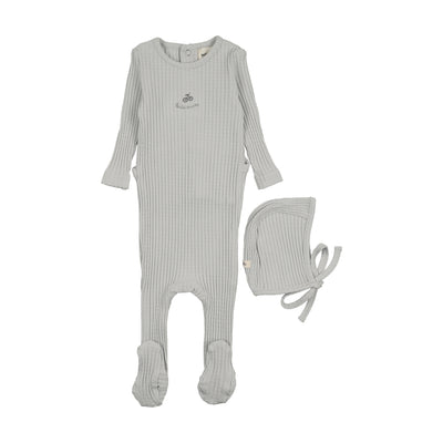 Mema Knits Embroidered Textured Footie And Bonnet - Gray Dawn/Blue Embroidery