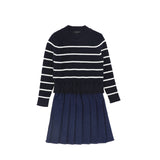 Bamboo Stripe Knit Pleated Dress - Navy