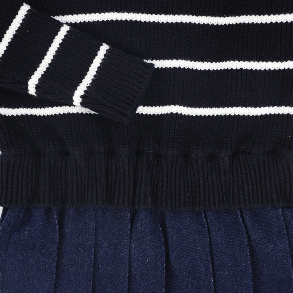 Bamboo Stripe Knit Pleated Dress - Navy