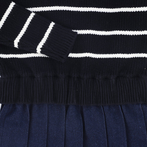 Bamboo Stripe Knit Pleated Dress - Navy