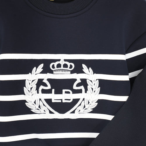 Le Bourdon Striped Embroidered Crest Sweatshirt Set - Navy