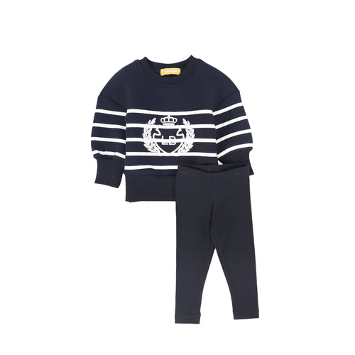Le Bourdon Striped Embroidered Crest Sweatshirt Set - Navy