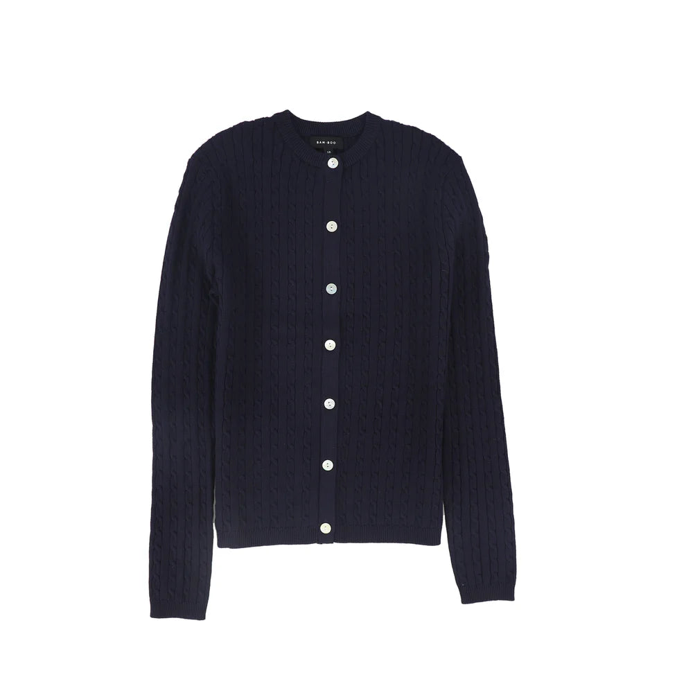 Bamboo Cable Knit Buttoned Cardigan - Navy