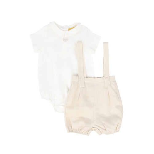 Le Bourdon Linen Bubble Overalls Set - White/Tan