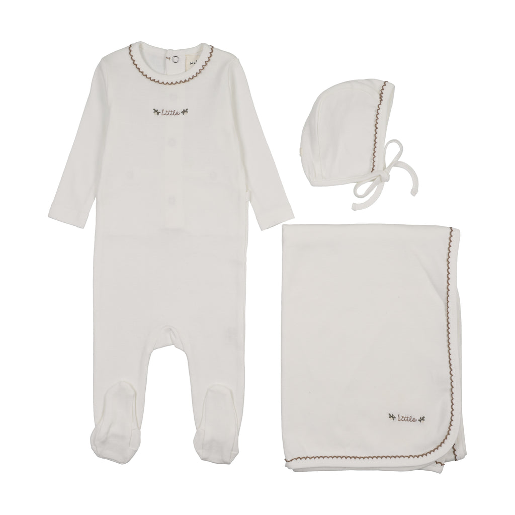 Mema Knits Floral Embroidery Layette Set - White/Taupe Embroidery