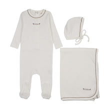 Load image into Gallery viewer, Mema Knits Floral Embroidery Layette Set - White/Taupe Embroidery