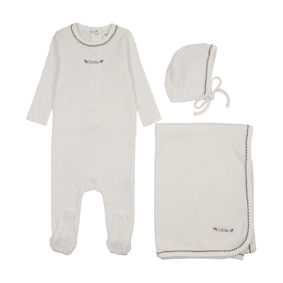Mema Knits Floral Embroidery Layette Set - White/Taupe Embroidery