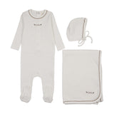 Mema Knits Floral Embroidery Layette Set - White/Taupe Embroidery