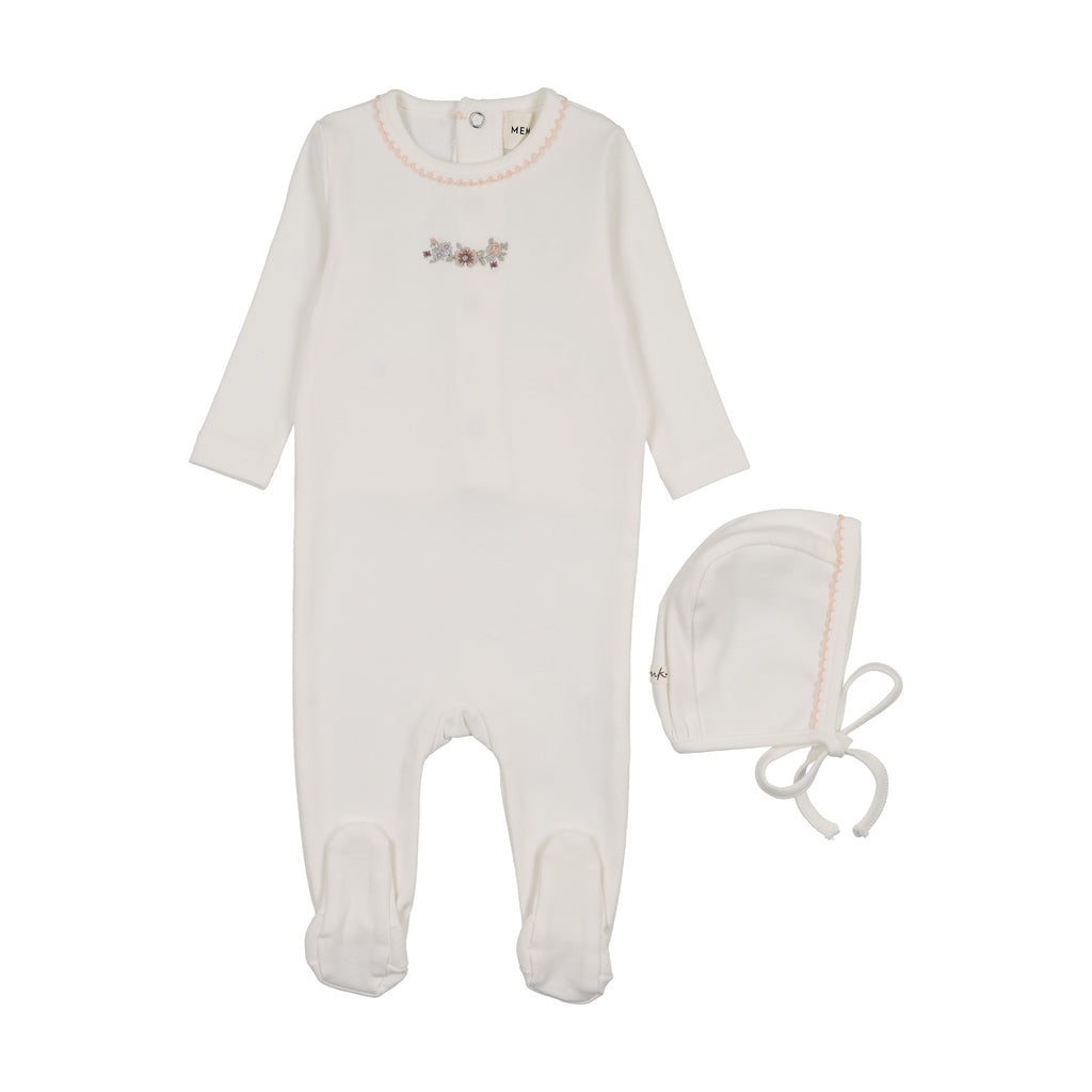 Mema Knits Floral Embroidery Footie And Bonnet - White/Pink Embroidery
