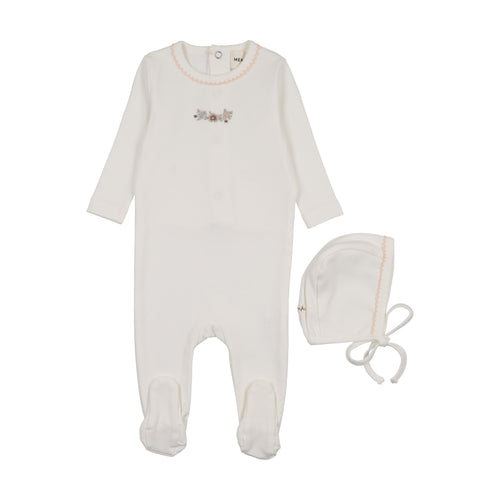 Mema Knits Floral Embroidery Footie And Bonnet - White/Pink Embroidery