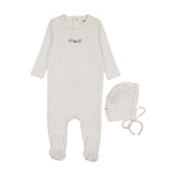 Mema Knits Floral Embroidery Footie And Bonnet - White/Pink Embroidery