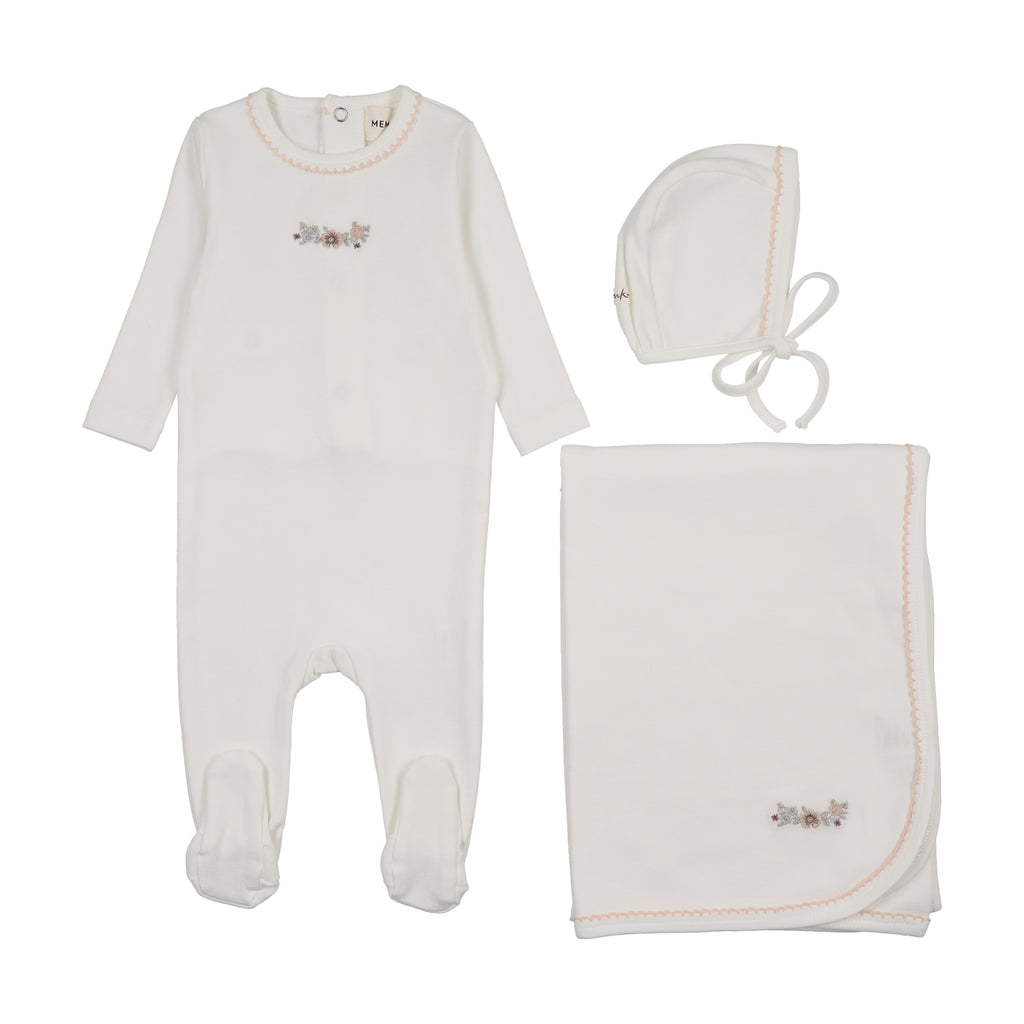 Mema Knits Floral Embroidery Layette Set - White/Pink Embroidery