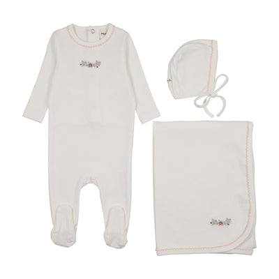Mema Knits Floral Embroidery Layette Set - White/Pink Embroidery