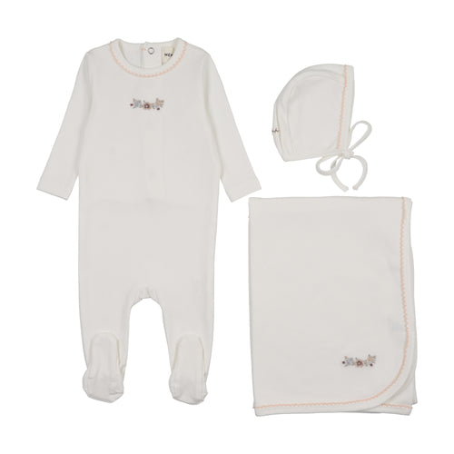 Mema Knits Floral Embroidery Layette Set - White/Pink Embroidery