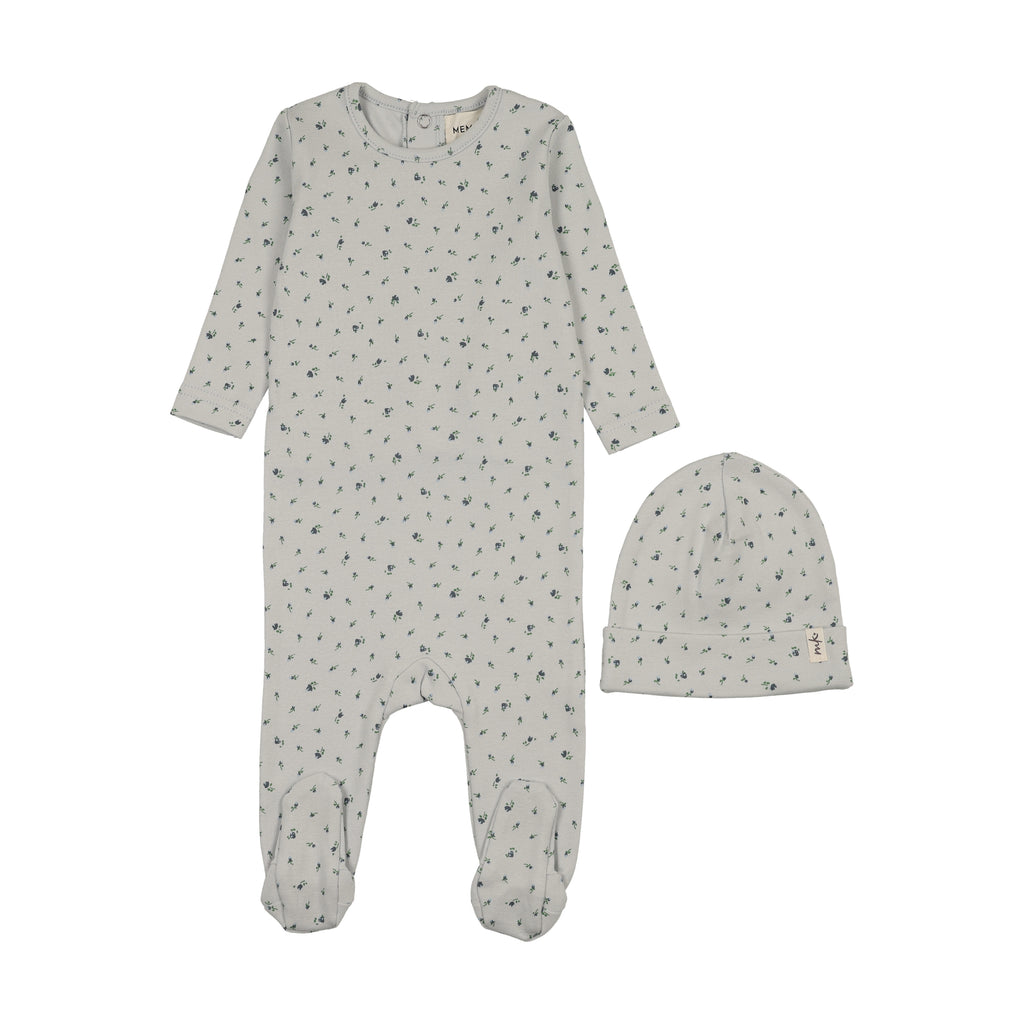 Mema Knits Floral Print Footie And Beanie - Navy Print