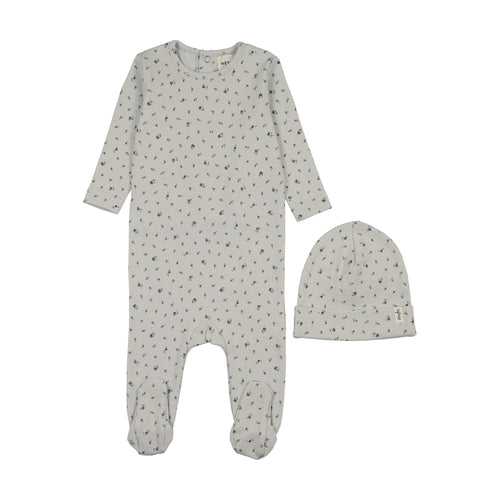 Mema Knits Floral Print Footie And Beanie - Navy Print