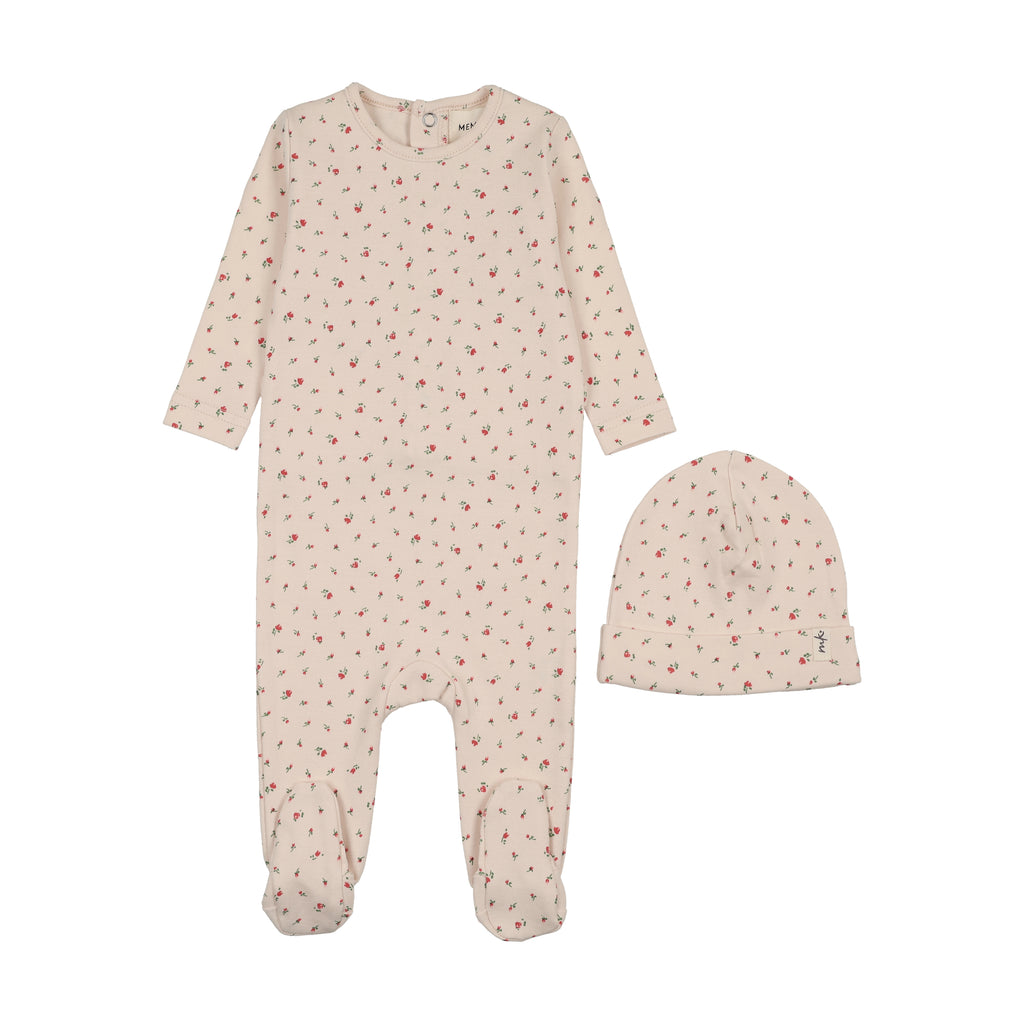 Mema Knits Floral Print Footie And Beanie - Pink Print