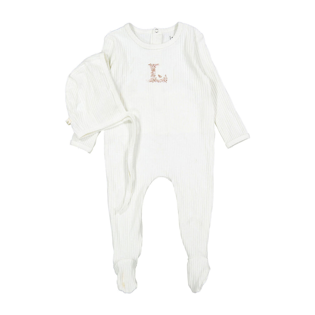 Ladida Ivory Ribbed Footie & Bonnet - Pink "L"