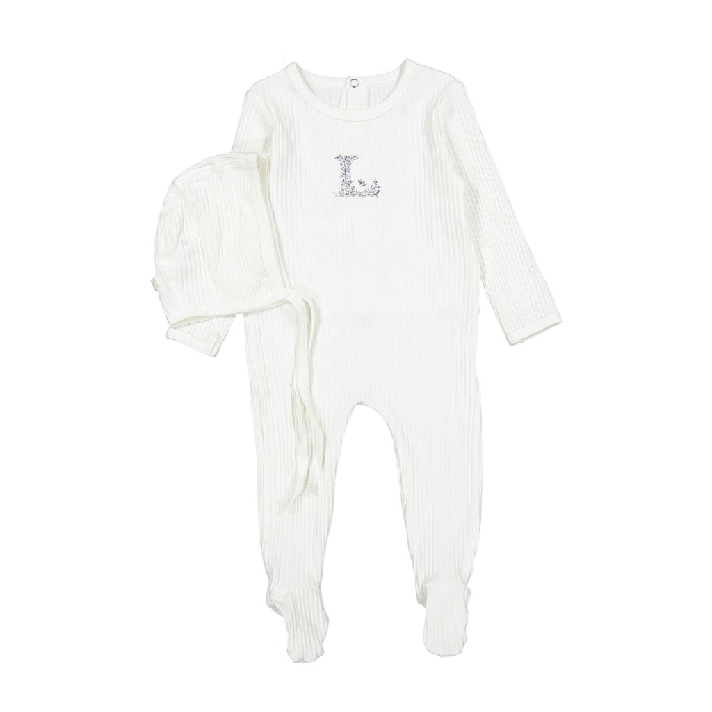 Ladida Ivory Ribbed Footie & Bonnet - Blue "L"