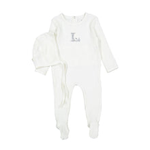 Load image into Gallery viewer, Ladida Ivory Ribbed Footie &amp; Bonnet - Blue "L"