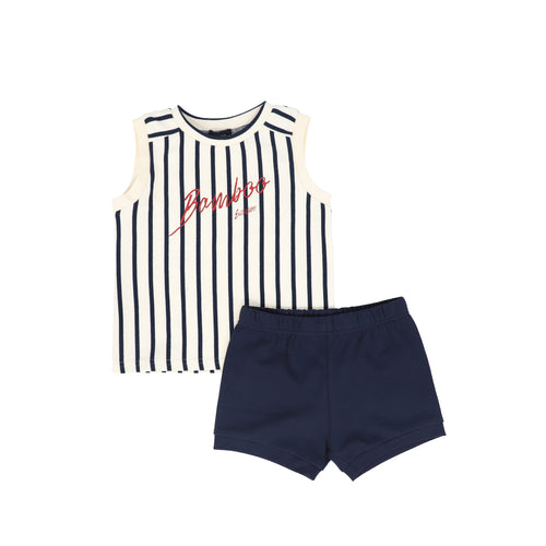 Bamboo Script Striped Tank Set - Navy