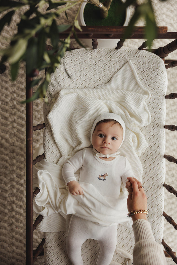 Mema Knits Pointelle Embroidered Horse Rocker Layette Set - Winter White