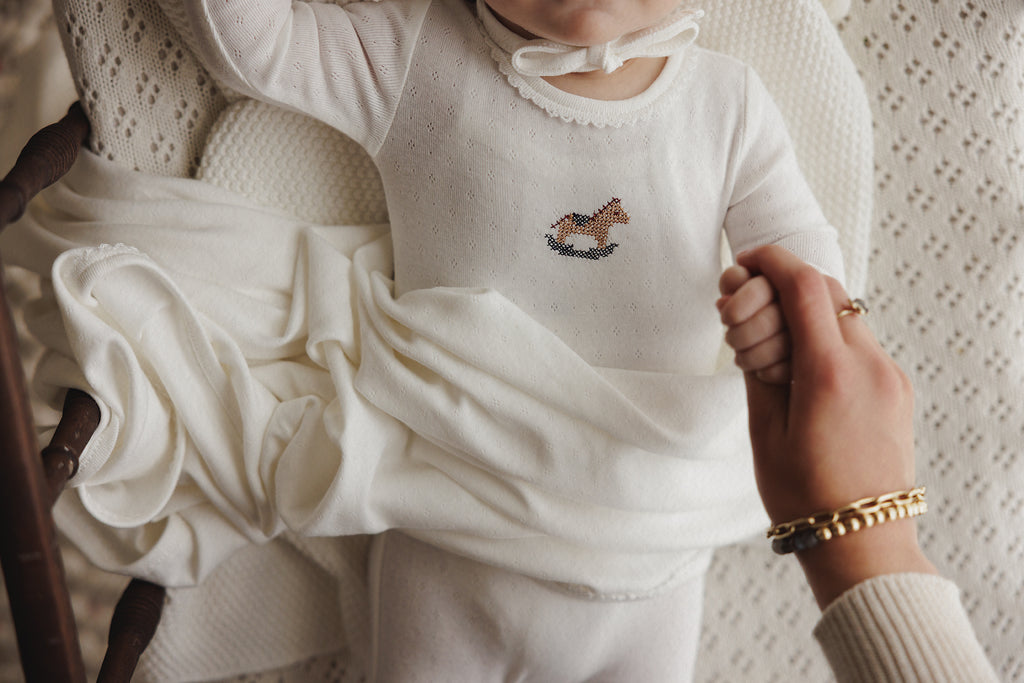 Mema Knits Pointelle Embroidered Horse Rocker Layette Set - Winter White