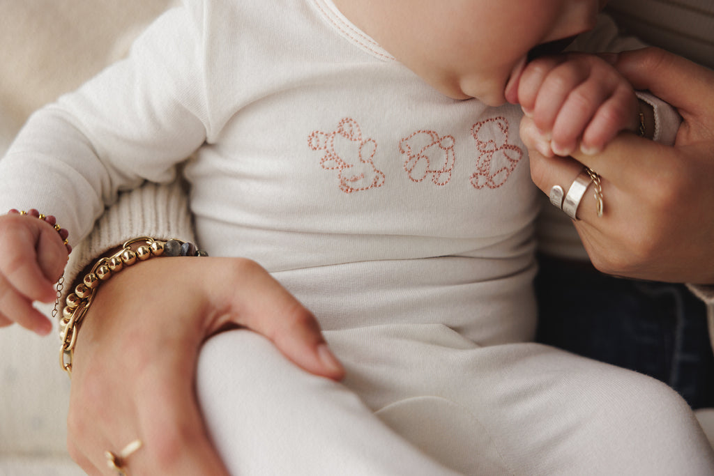 Mema Knits Embroidered Stitch Teddy Layette Set - Winter White/Pink Stitching