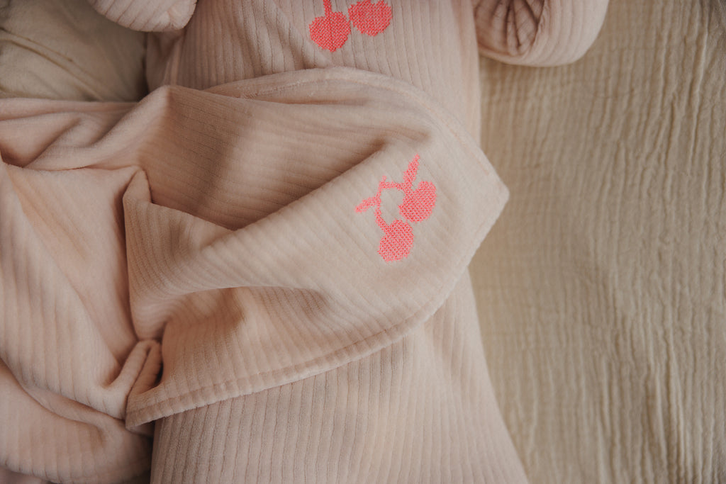 Mema Knits Embroidered Cherry Layette Set - Baby Blush/Neon Pink Cherry