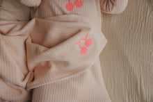 Load image into Gallery viewer, Mema Knits Embroidered Cherry Layette Set - Baby Blush/Neon Pink Cherry