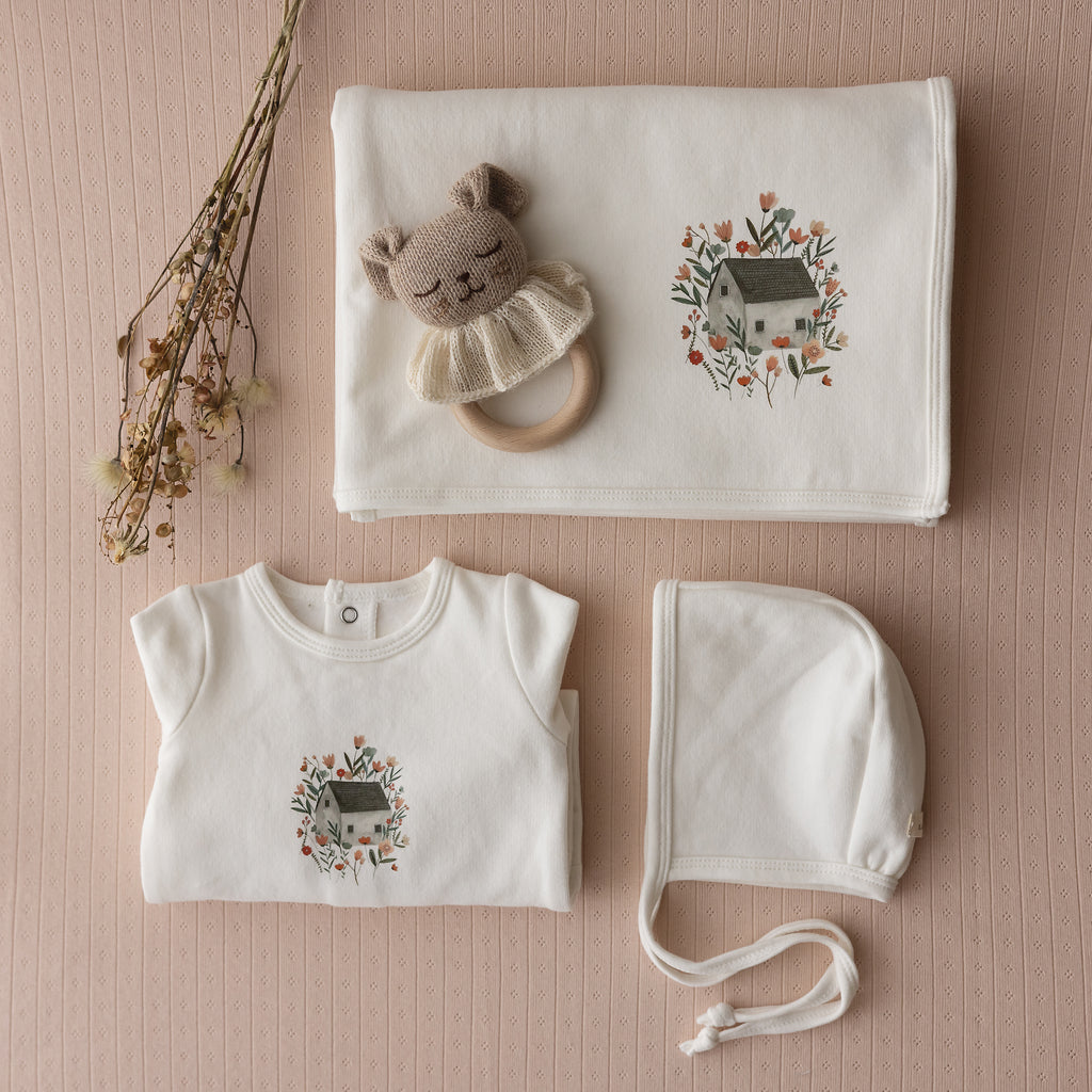 Lilette French Terry Footie & Beanie Set - Winter White/Doll House