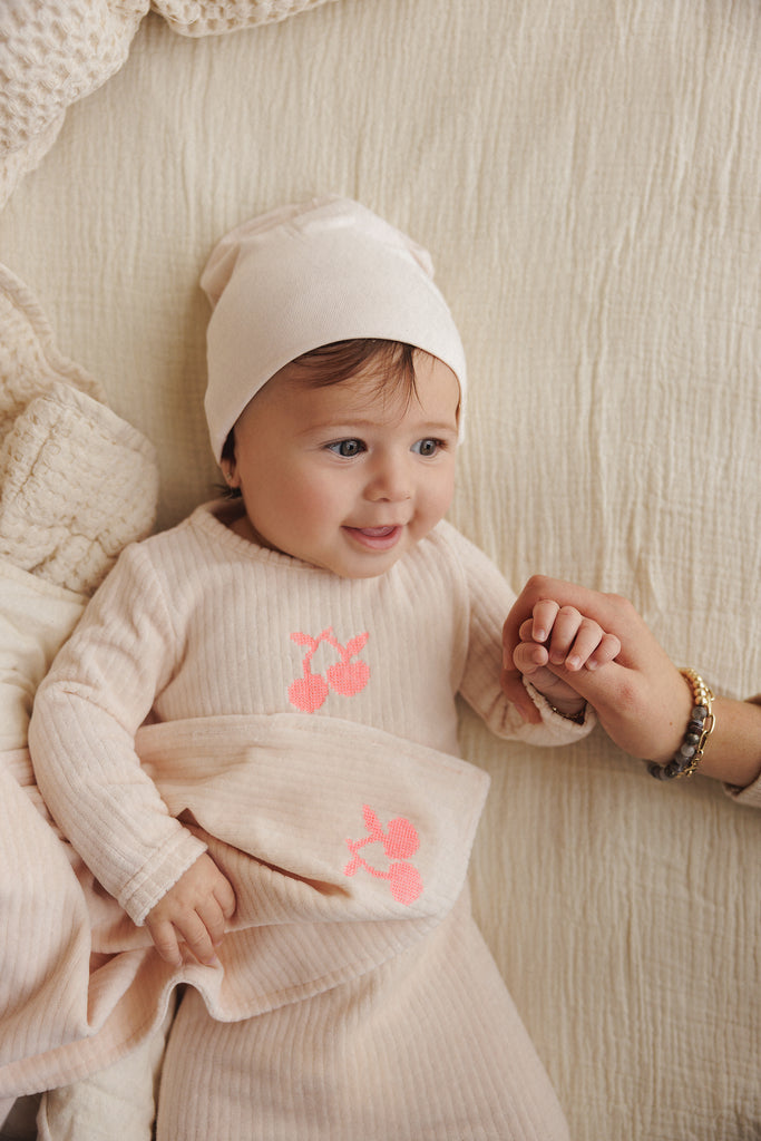 Mema Knits Embroidered Cherry Layette Set - Baby Blush/Neon Pink Cherry