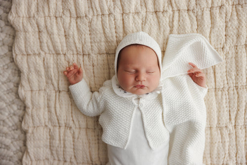 Mema Knits Waffle Knit Cardigan And Bonnet - Winter White