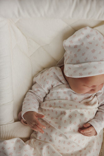 Mema Knits Floral Printed Side Snap Footie Layette Set - Winter White/Pink Flowers
