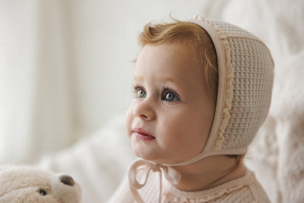 Mema Knits Honeycomb Waffle Trimmed Layette Set - Baby Blush