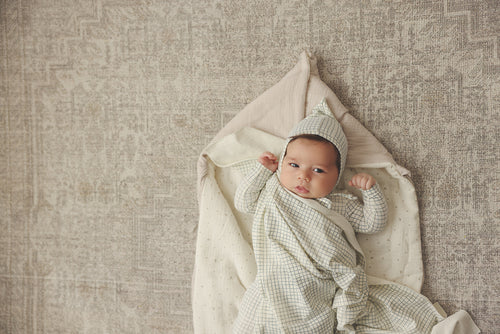 Lil Legs Grid Footie & Bonnet - Cream/Blue