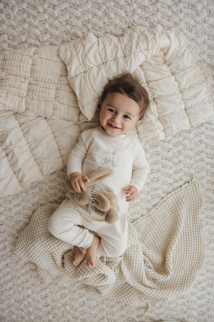 Mema Knits Vintage Bunny Print Jumpsuit - Light Beige/Blue