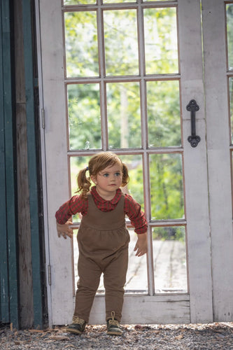 Jaybee Checkered Collar Shirt And Overalls Set - Chestnut/Berry