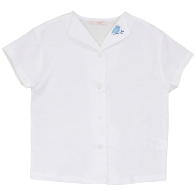 Calla Lili Boys Linen Shirt With Bird - White/Blue