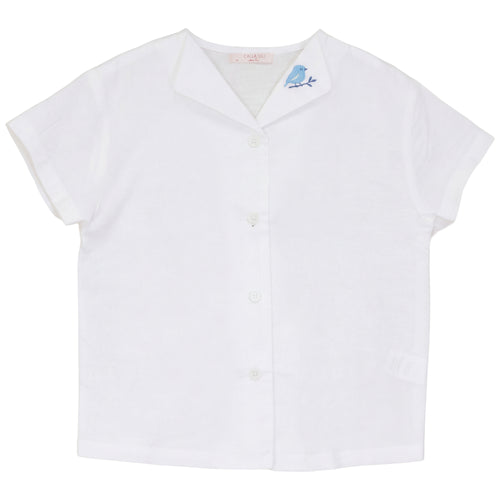 Calla Lili Boys Linen Shirt With Bird - White/Blue