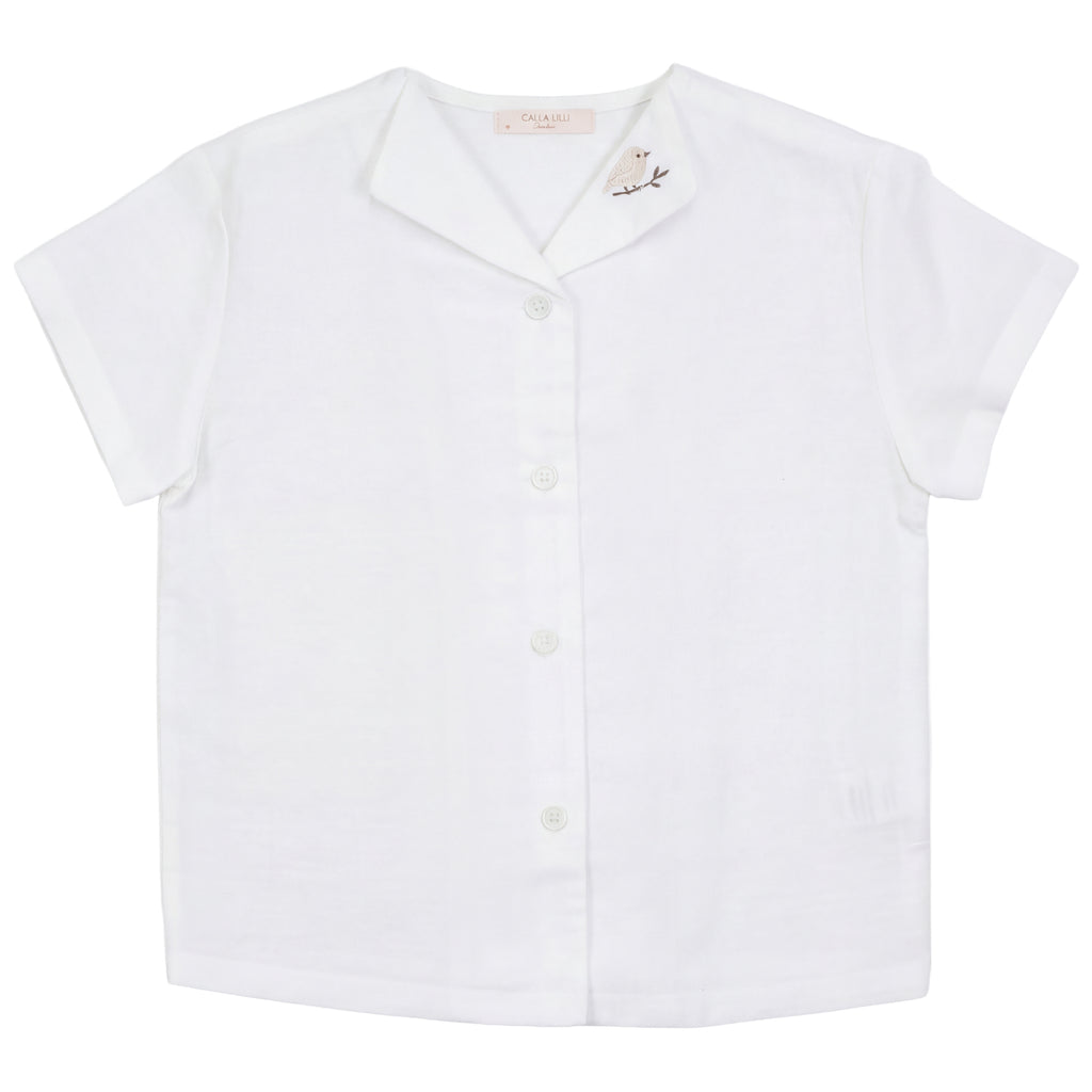 Calla Lili Boys Linen Shirt With Bird - White/Sand