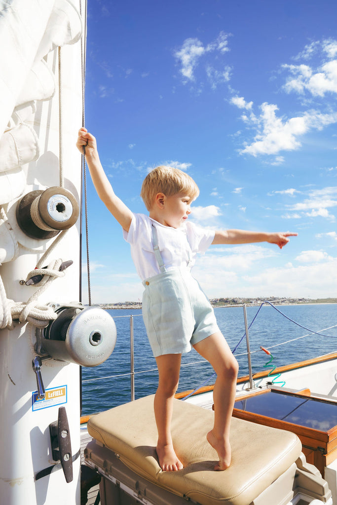 Calla Lili Boys Linen Shorts With Suspenders - Blue Sage