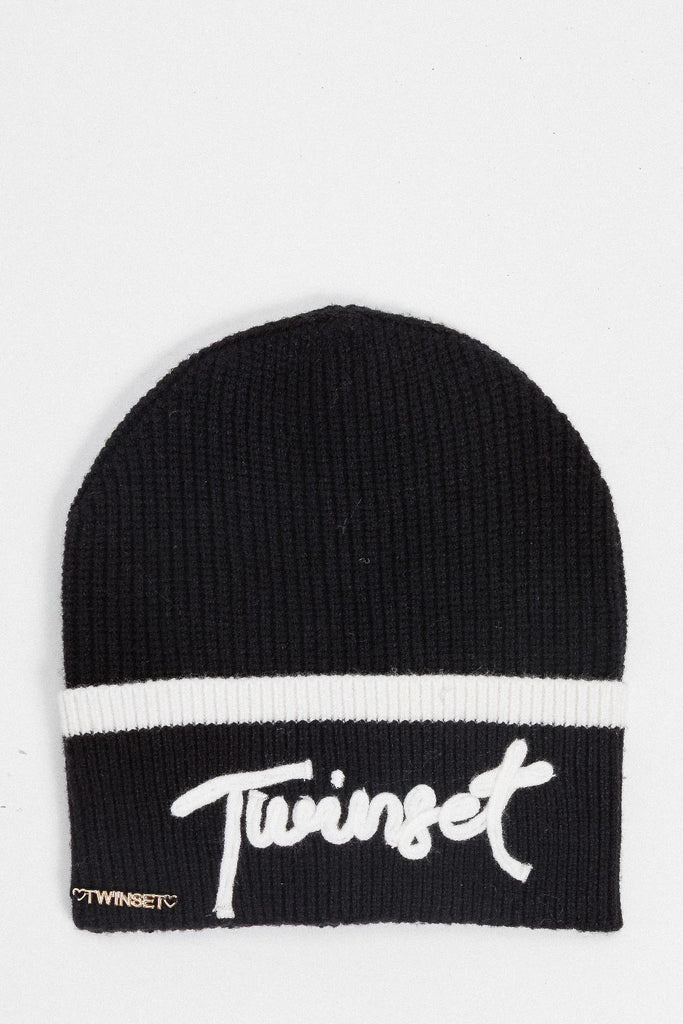 Twinset Knit Cuffed Logo Hat - Black/Snow