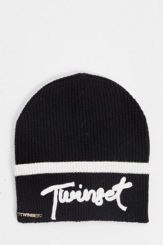 Twinset Knit Cuffed Logo Hat - Black/Snow