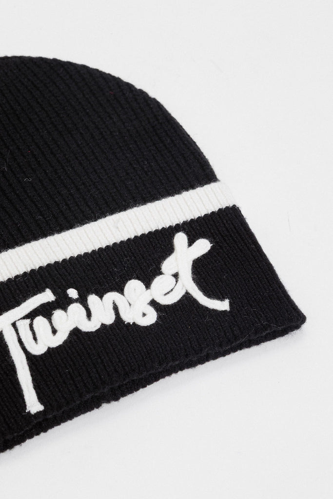 Twinset Knit Cuffed Logo Hat - Black/Snow